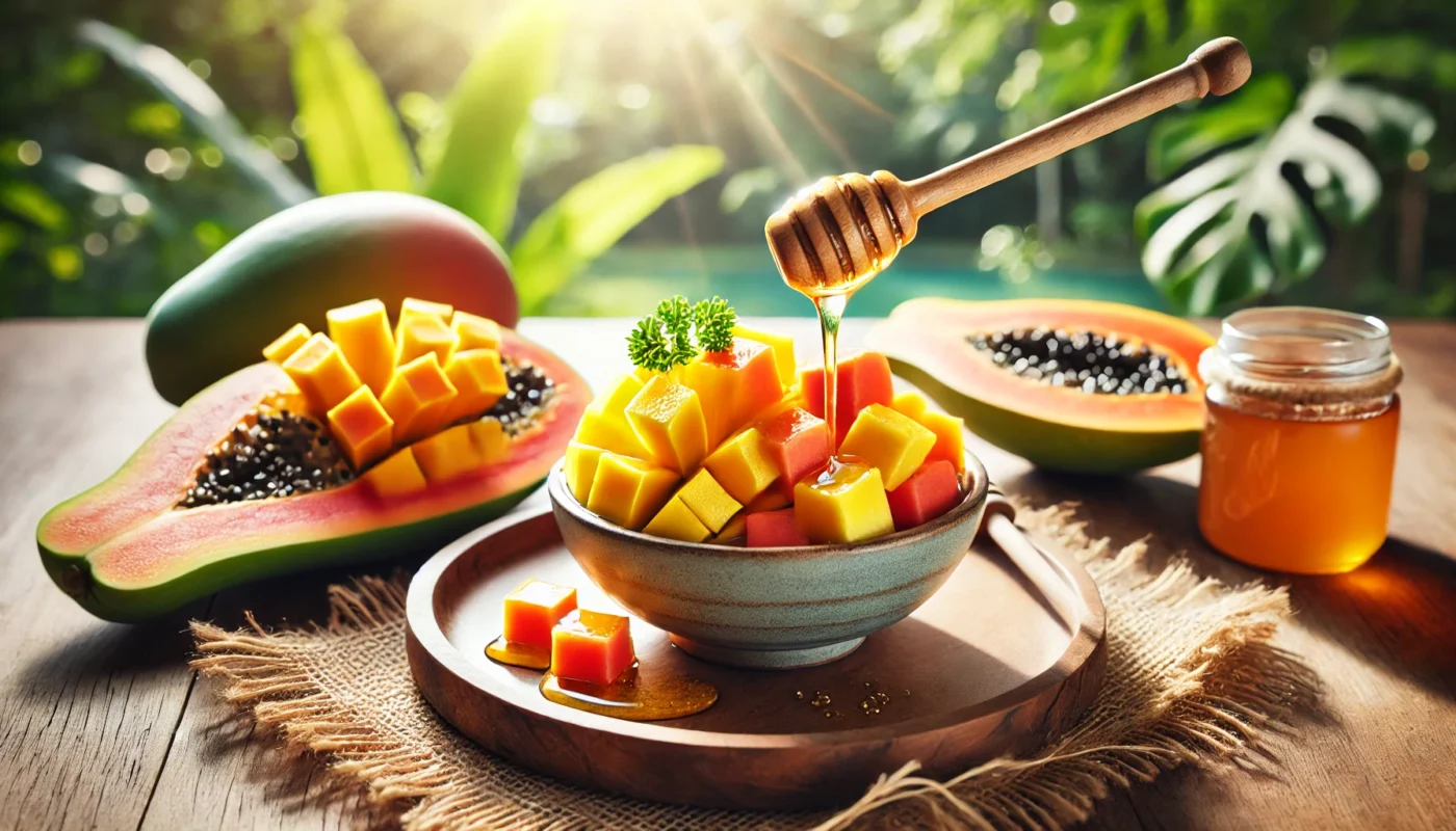 "A drizzle of honey over sliced papaya and mango in a bowl, set on a wooden table with soft greenery and sunlight in the background, highlighting hydrating and soothing tropical fruits."