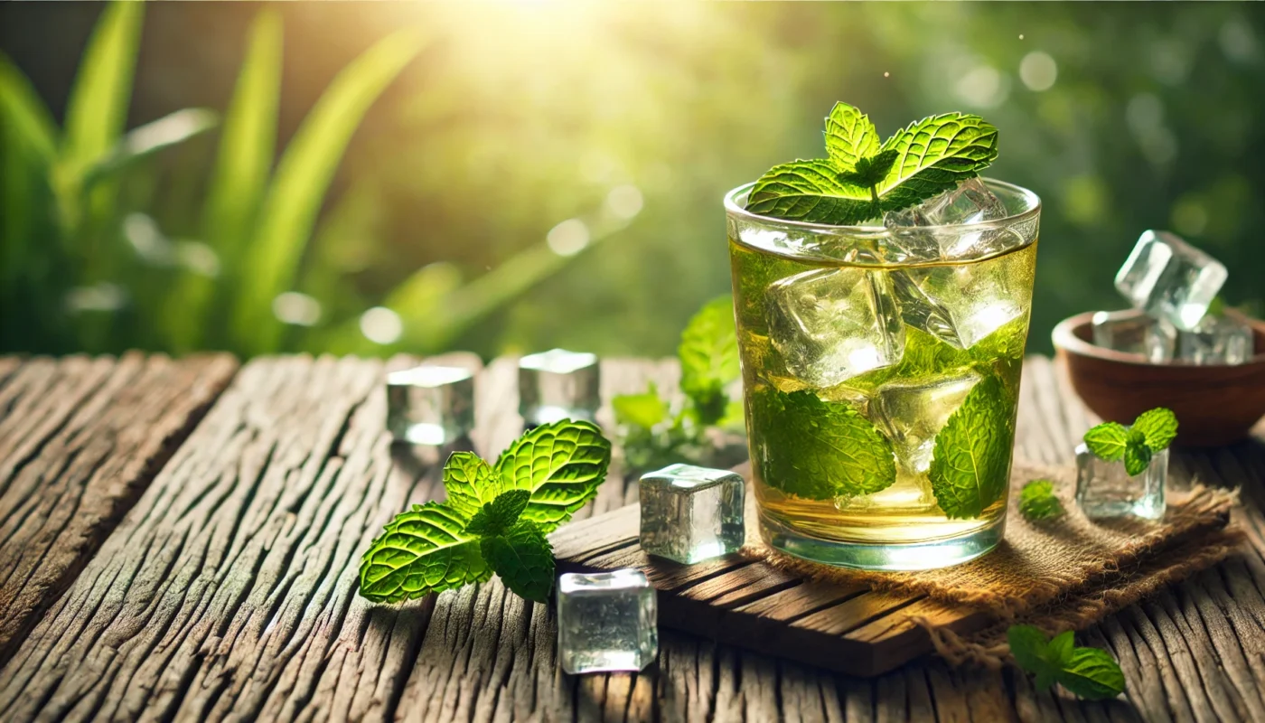 "A refreshing glass of cold green tea with ice cubes and mint leaves, placed on a rustic wooden surface with sunlight filtering through greenery, representing anti-inflammatory and cooling properties for sunburn relief."