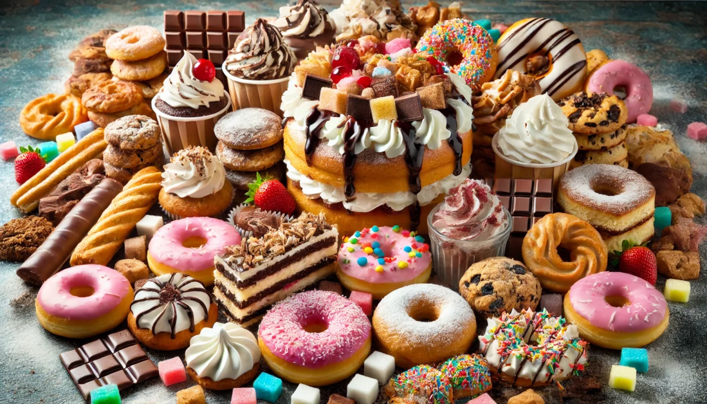 Showcasing an assortment of cakes, donuts, pastries, cookies, and candies with excessive frosting and chocolate.