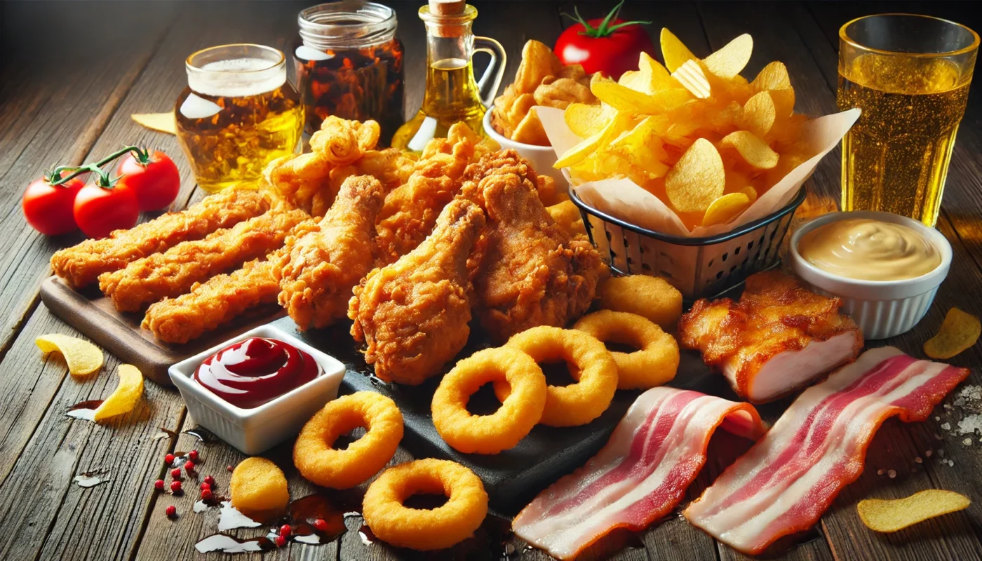 Highlighting deep-fried chicken, onion rings, potato chips, and greasy bacon, emphasizing excessive oil content.