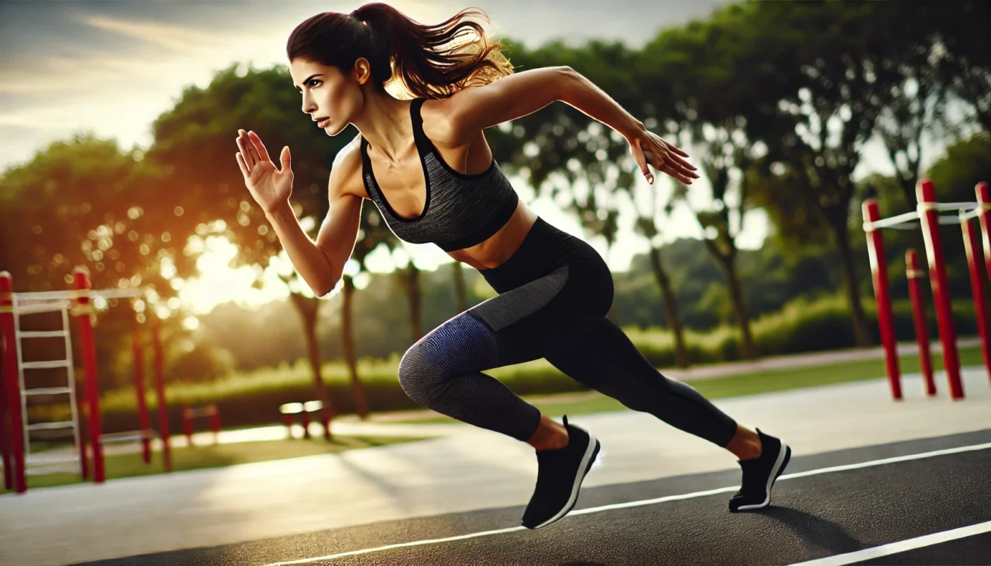 A fit woman performing High-Intensity Interval Training (HIIT) exercises outdoors. She is engaged in a sprinting motion in a park setting, emphasizing speed, energy, and movement.