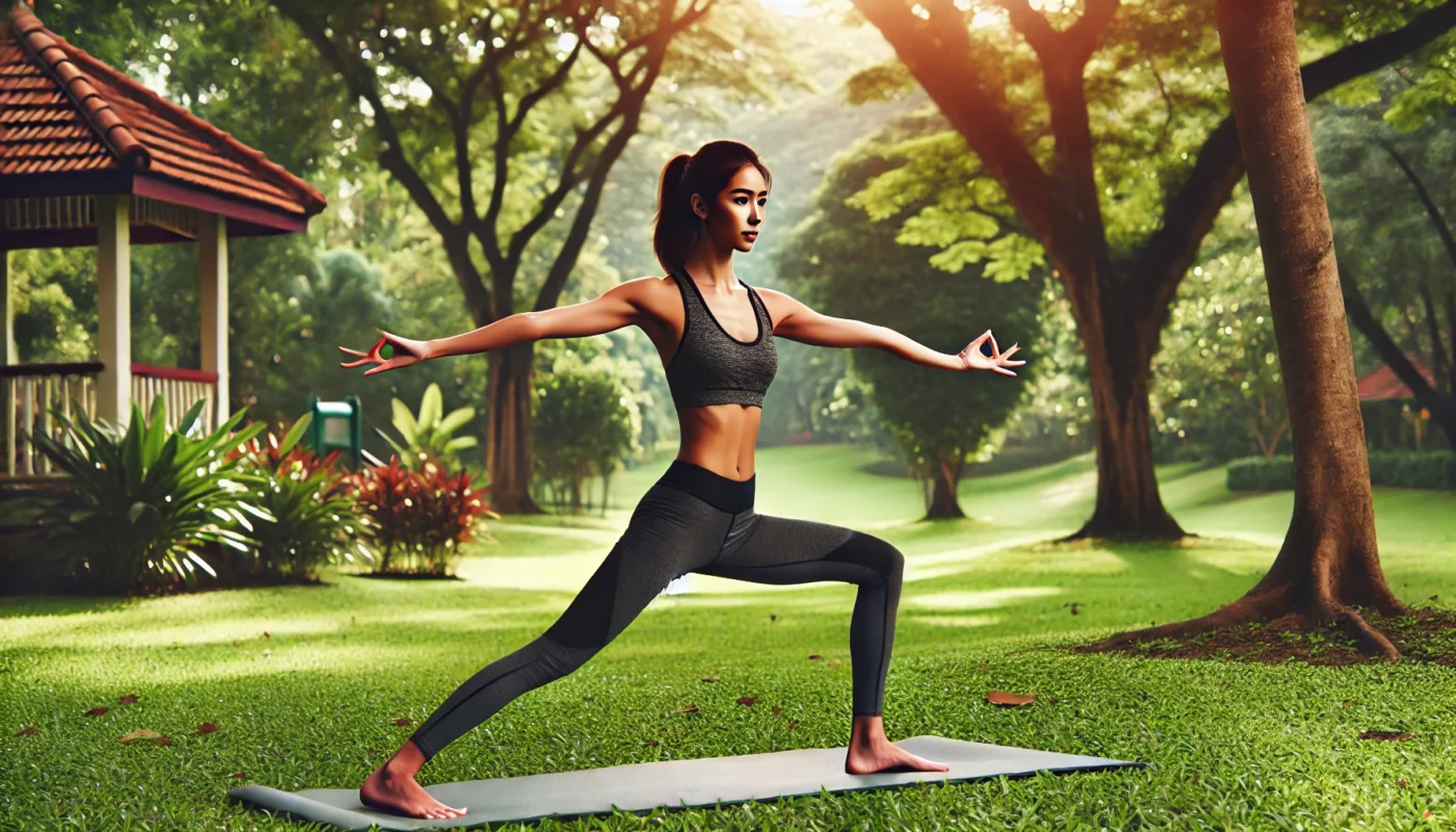 A fit woman practicing yoga outdoors in a serene park setting. She is balancing gracefully in the Warrior III pose, engaging her core, surrounded by lush greenery, symbolizing mindfulness and fitness.