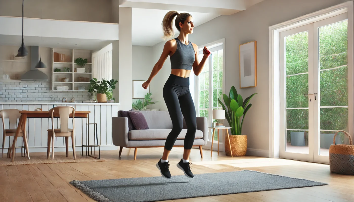 A fit woman engaging in a cardio workout at home. She is performing jumping jacks in a bright and modern living room, showcasing an active lifestyle and home fitness routine.