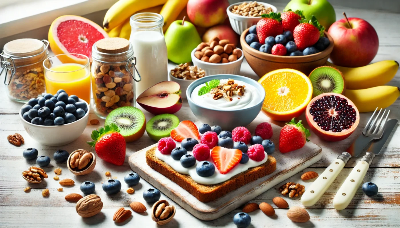 A vibrant and healthy breakfast spread featuring fresh fruits, yogurt, nuts, and whole-grain toast. The setting is a bright and inviting kitchen, promoting a nutritious and balanced diet for overall wellness.