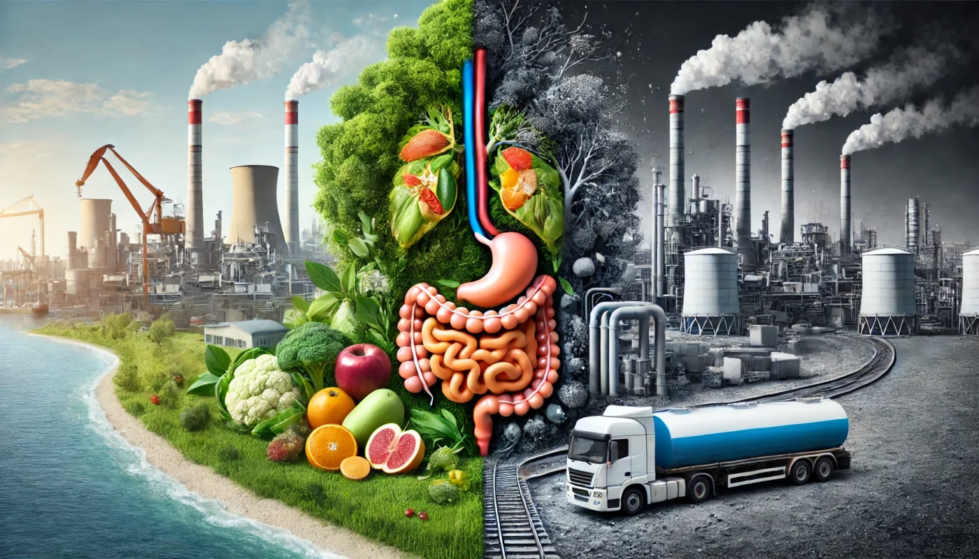 Conceptual contrast of environmental toxins affecting endocrine health, depicting fresh produce and clean water alongside pollution and plastic waste.