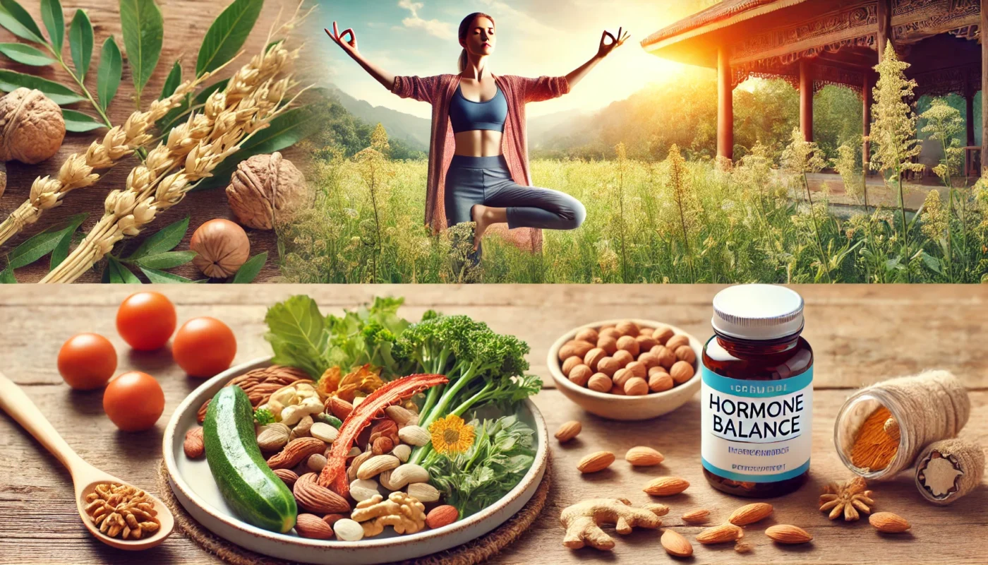 A serene lifestyle depiction promoting natural endocrine balance, featuring organic food, yoga, and herbal supplements like ashwagandha in a peaceful outdoor setting.