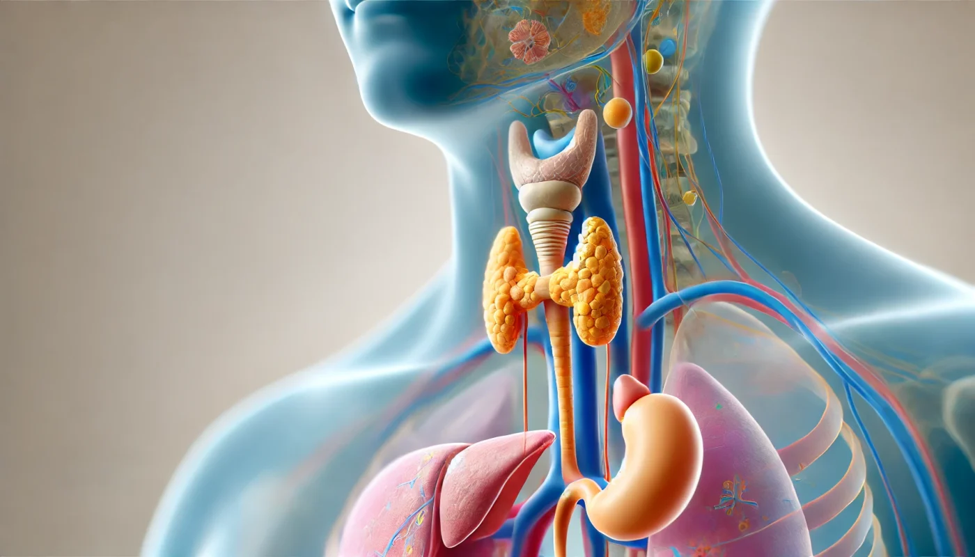 Illustration of the human endocrine system highlighting key glands such as the pituitary, thyroid, adrenal glands, and pancreas, demonstrating their role in hormone regulation.