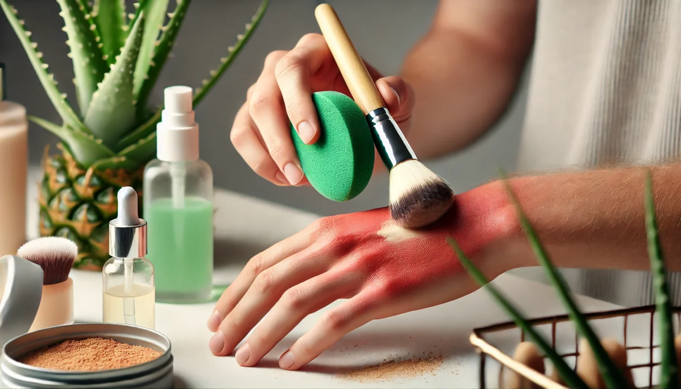 A person using a damp makeup sponge to apply a lightweight, buildable foundation over sunburned skin. The scene is set against a soft, neutral-colored background with skincare products like aloe vera gel and a green color corrector on a nearby vanity. Diffused natural lighting highlights the gentle makeup application process, promoting healing and self-care.