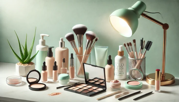 A visually soothing image of a professional makeup setup for sunburn coverage. Various makeup products, including color correctors, foundation, and primers, are laid out on a clean, minimalist vanity table. Nearby, skincare items like aloe vera gel and moisturizers are placed, evoking a sense of care for sunburned skin. The ambiance is illuminated with soft natural light, emphasizing gentle colors like greens, whites, and neutrals for a calming effect.