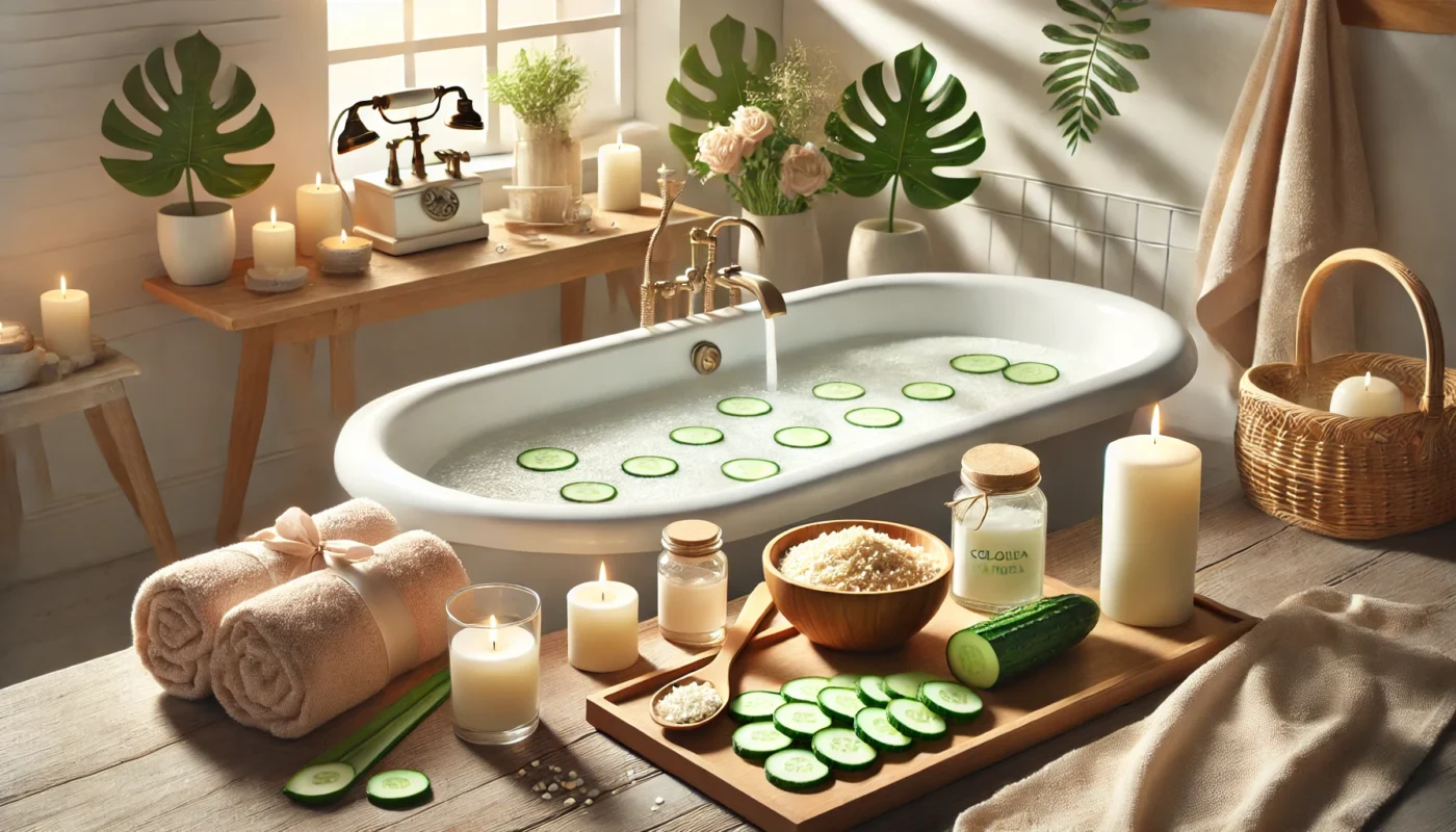 A serene bathroom scene featuring a lukewarm bath with colloidal oatmeal being added, surrounded by natural remedies like cucumber slices on a wooden tray and aloe vera leaves. Soft towels and candles enhance the spa-like environment, promoting care and relaxation for sunburned skin. The setting is light and airy, with neutral tones and gentle sunlight filtering through a nearby window.