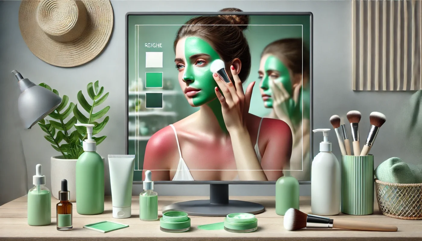 A person gently applying a green-tinted primer to their sunburned face in front of a mirror. The vanity area is minimalist and clean, featuring calming skincare products like a moisturizer and color corrector nearby. The soft lighting and natural tones, including greens and pastels, emphasize self-care and sunburn relief.