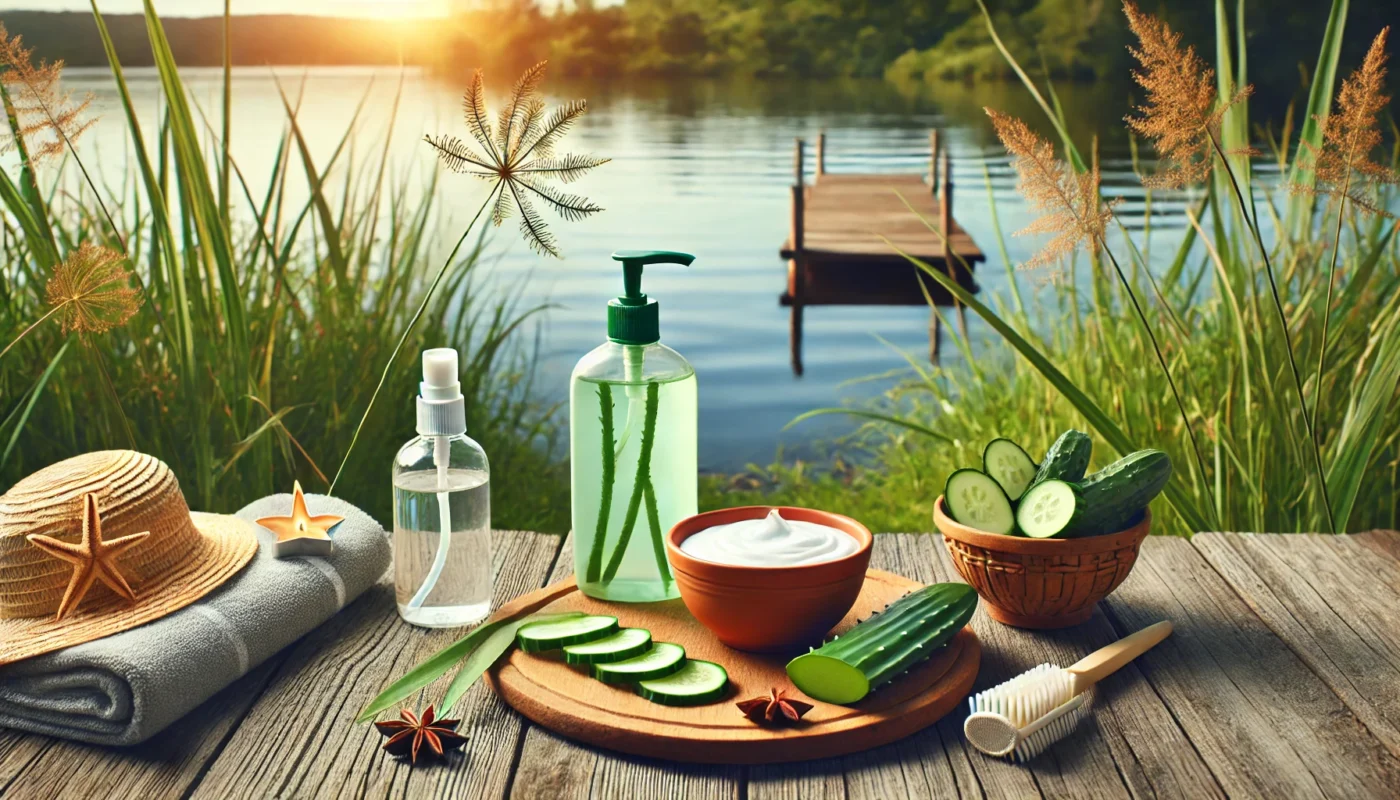 A peaceful lakeside setting with a wooden deck displaying aloe vera gel, cooling sprays, and fresh cucumber slices, surrounded by serene water reflections and swaying tall grass, offering a calming and restorative environment for sunburn relief.