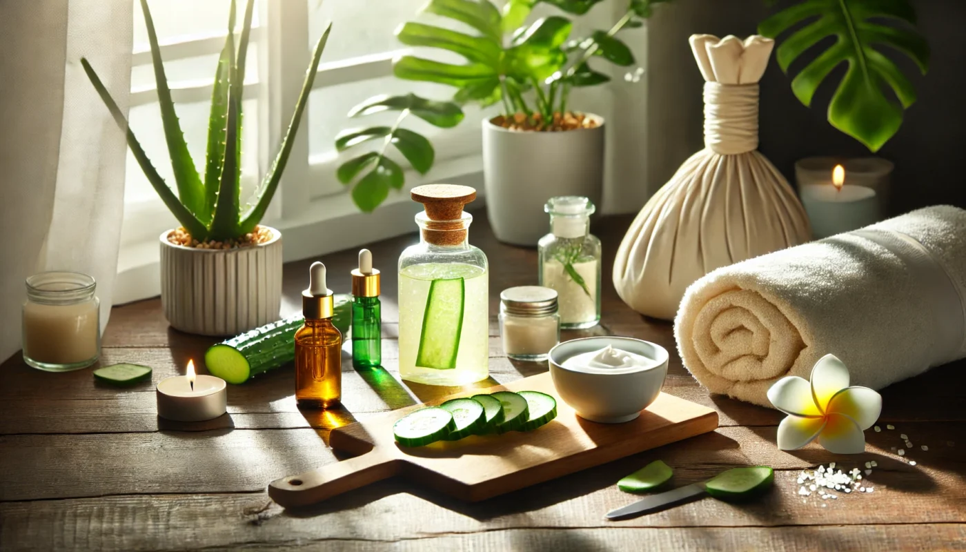 A serene spa-like setting featuring a wooden table with aloe vera gel, cucumber slices, a bottle of soothing lotion, and a white towel, softly illuminated by natural sunlight through a nearby window, creating a calming environment for sunburn redness relief.