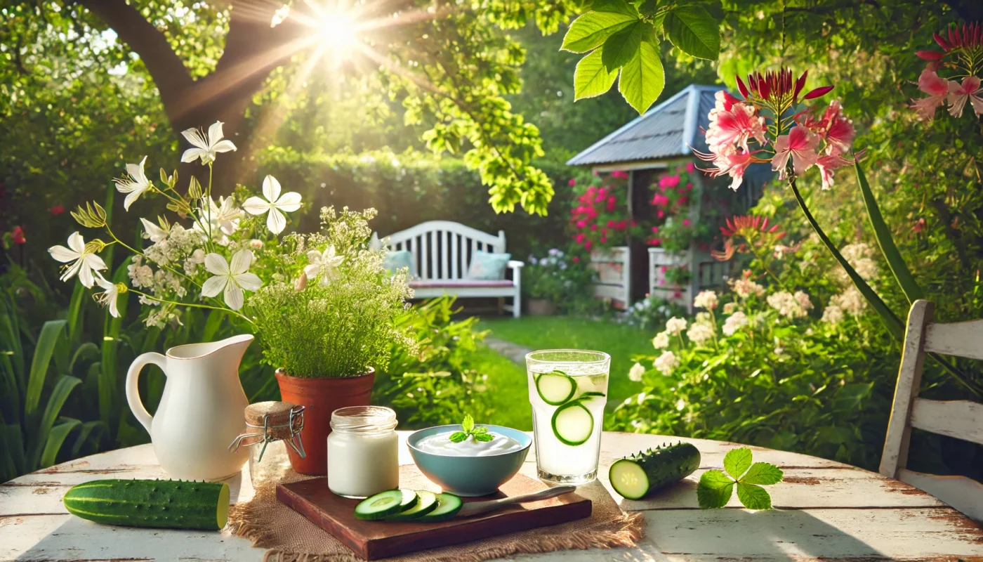 A tranquil outdoor scene showcasing a table with aloe vera leaves, a jar of cool yogurt, and cucumber-infused water, set against a blooming garden with sunlight filtering through the trees, evoking a soothing atmosphere for sunburn relief.