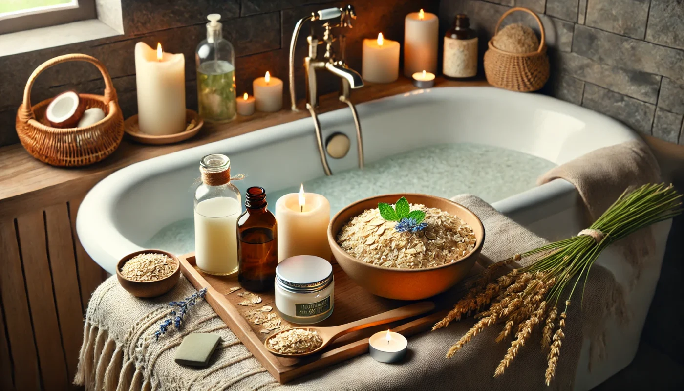 A cozy bathroom scene with a bathtub filled with oatmeal-infused water, a small tray holding soothing lotion, lavender oil, and aloe vera gel, illuminated by soft candlelight to create a relaxing and restorative ambiance.