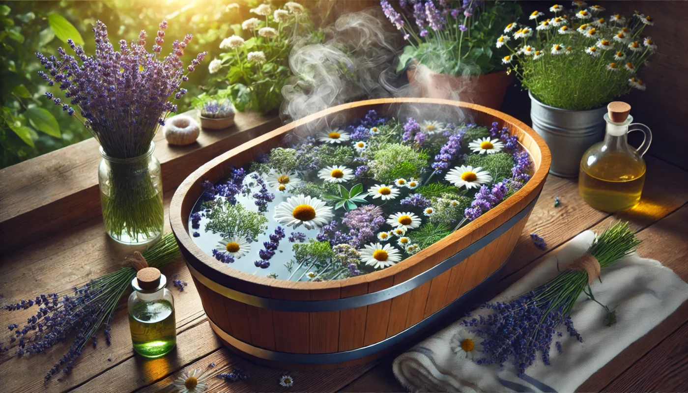 A peaceful spa-like setting with a wooden tub filled with steaming water, lavender flowers, and chamomile blossoms floating on the surface, radiating soothing relaxation and healing.