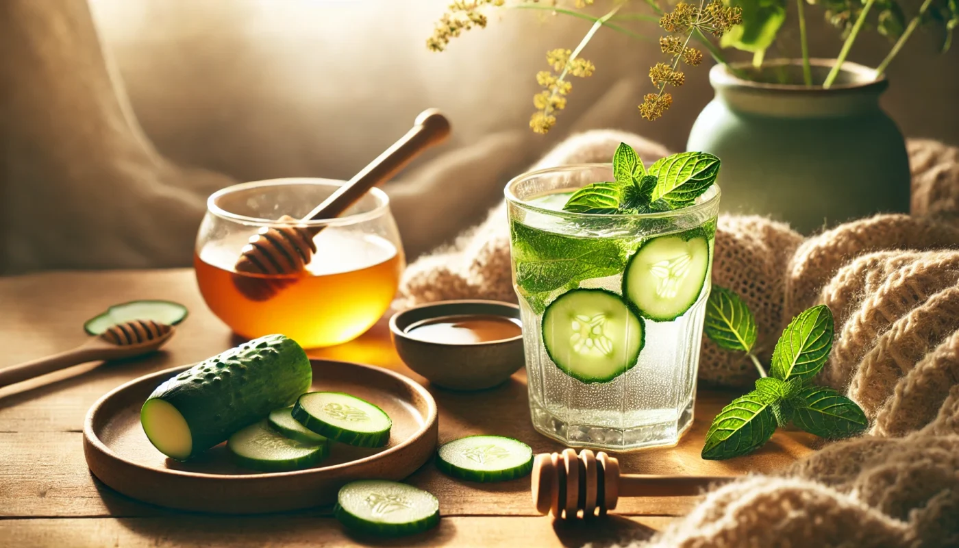 A cozy indoor setting featuring a glass of cucumber water with fresh cucumber slices and mint leaves next to a bowl of honey, evoking natural sun relief remedies.