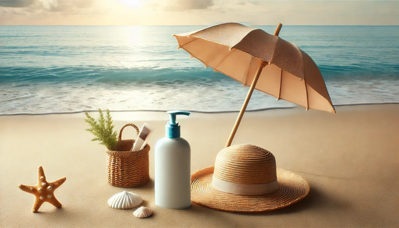 A serene beach scene with golden sand, gentle ocean waves, a shaded umbrella, and a bottle of soothing lotion beside a straw hat, representing sun protection and relief.