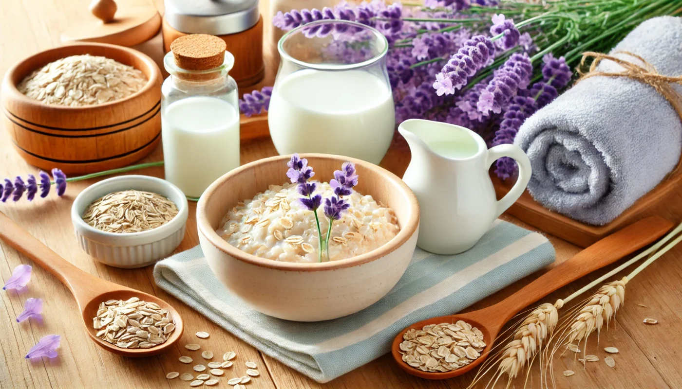 A relaxing spa-like scene with a white bowl of oatmeal and milk on a wooden counter, surrounded by lavender flowers. The setup conveys a soothing and brightening remedy for post-sunburned skin.