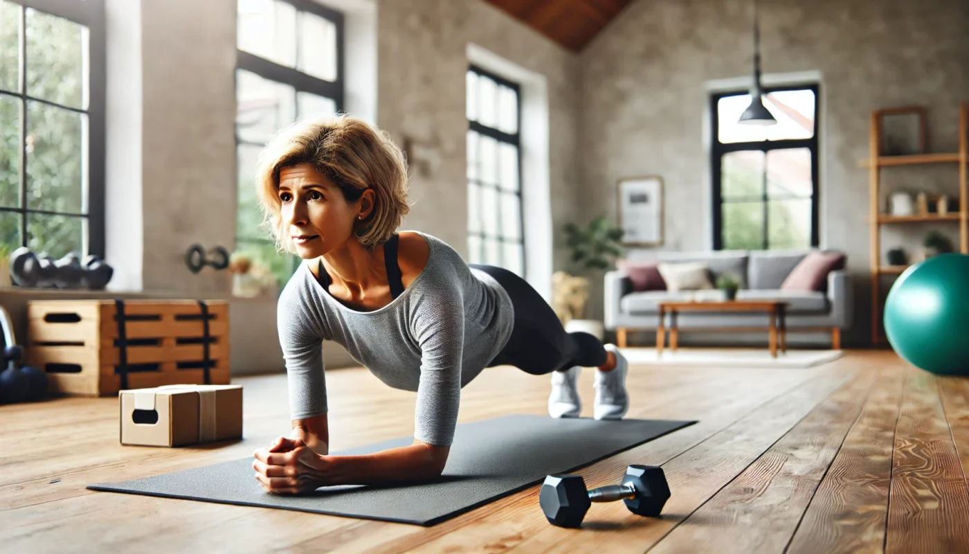 Middle-aged woman doing a plank exercise in a home gym to strengthen core muscles and reduce menopause belly.