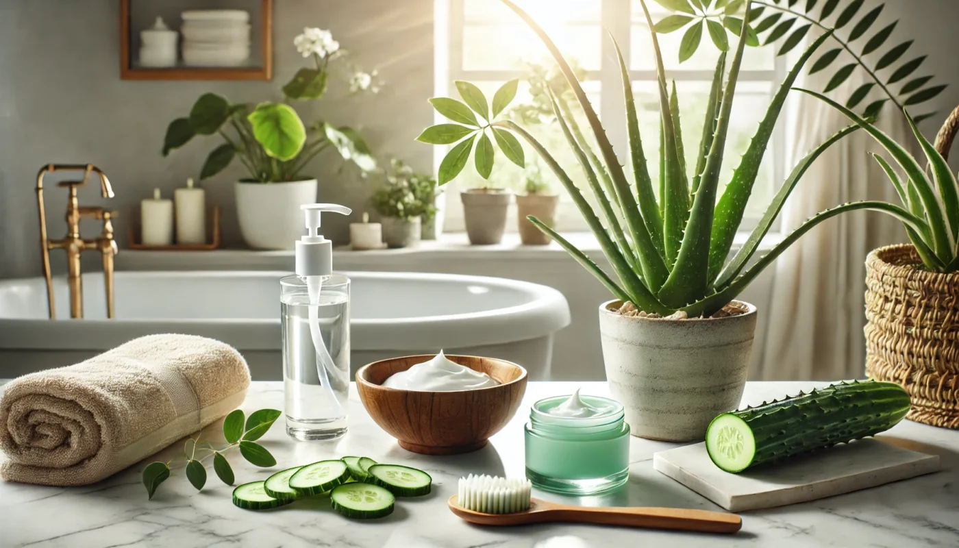 A calming bathroom scene with natural remedies for sunburn relief, including aloe vera leaves, a bowl of cooling gel, fresh cucumber slices, and a glass of water arranged on a marble countertop. Gentle sunlight streams through the window, enhancing the healing and soothing ambiance.