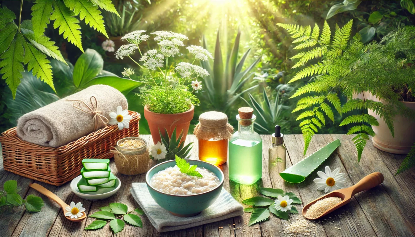 A shaded garden table surrounded by greenery, featuring natural sunburn remedies: a bowl of oatmeal paste, a bottle of cool chamomile tea, aloe vera gel, and neatly folded soft towels. Dappled sunlight filters through lush foliage, creating a soothing and refreshing outdoor atmosphere.