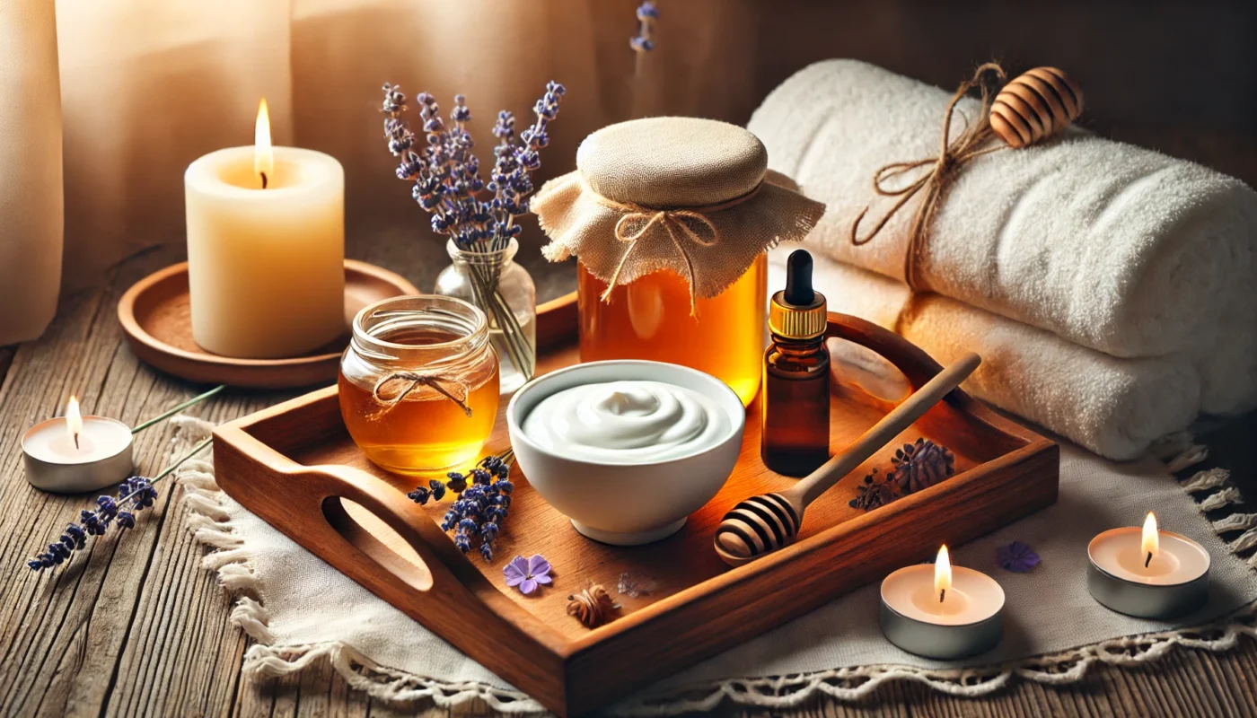 A serene indoor spa scene featuring a wooden tray with natural sunburn remedies: a jar of honey, a bowl of yogurt, and a small dish of lavender oil. Soft white towels and a lit candle add to the warm, calming atmosphere with natural light streaming in.