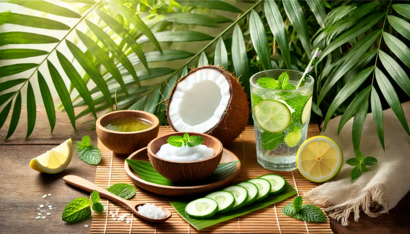 A tropical-themed setup for sunburn relief featuring fresh coconut halves, a bowl of coconut oil, and cooling cucumber slices arranged on a bamboo mat. A glass of mint and lemon-infused water sits nearby, surrounded by lush tropical leaves, with soft dappled sunlight enhancing the soothing, refreshing atmosphere.