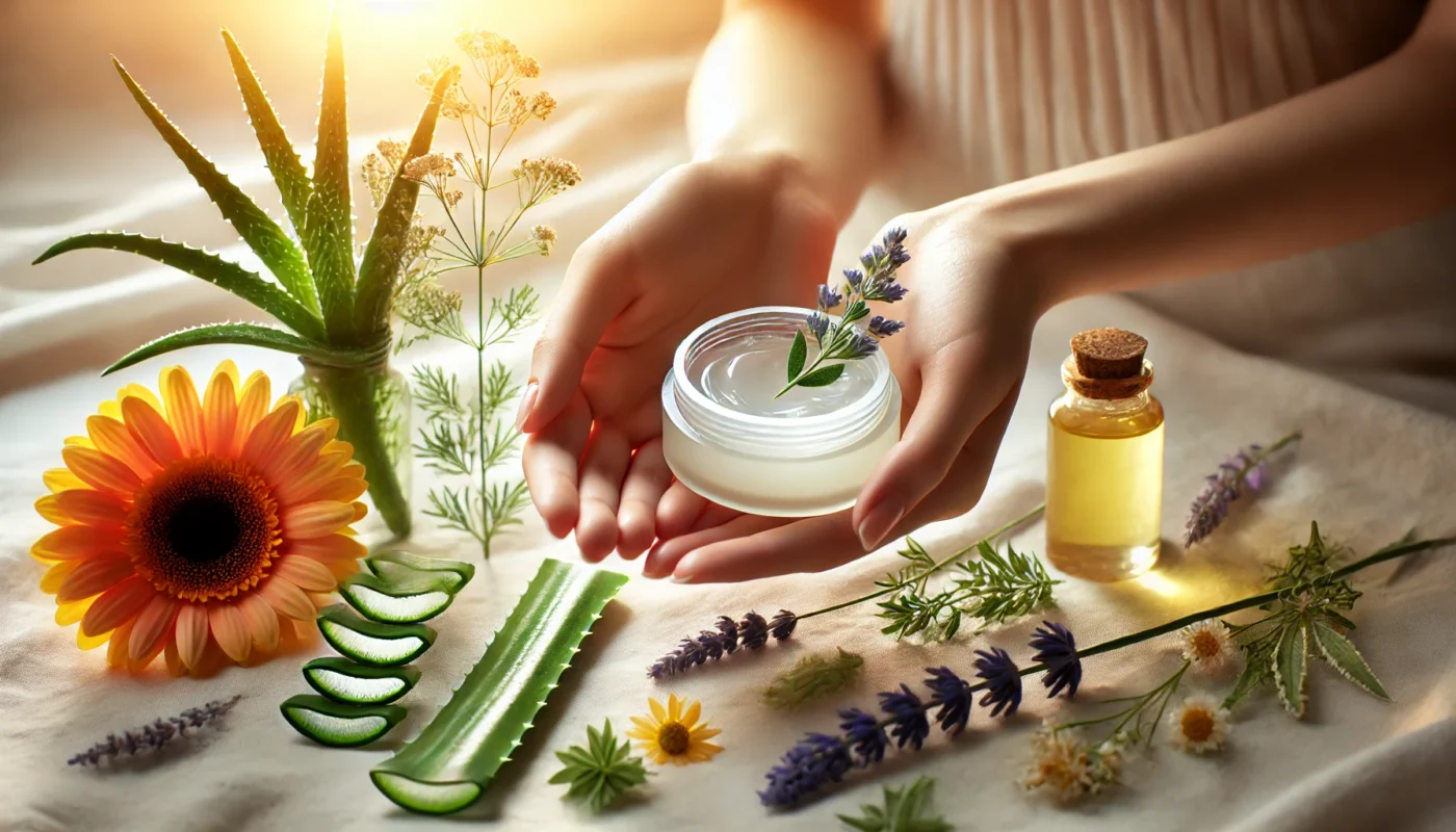 A serene scene of a person gently holding a natural gel-like skincare product, surrounded by calming natural elements such as aloe vera, lavender, and chamomile, symbolizing prevention and healing of sunburn scars.