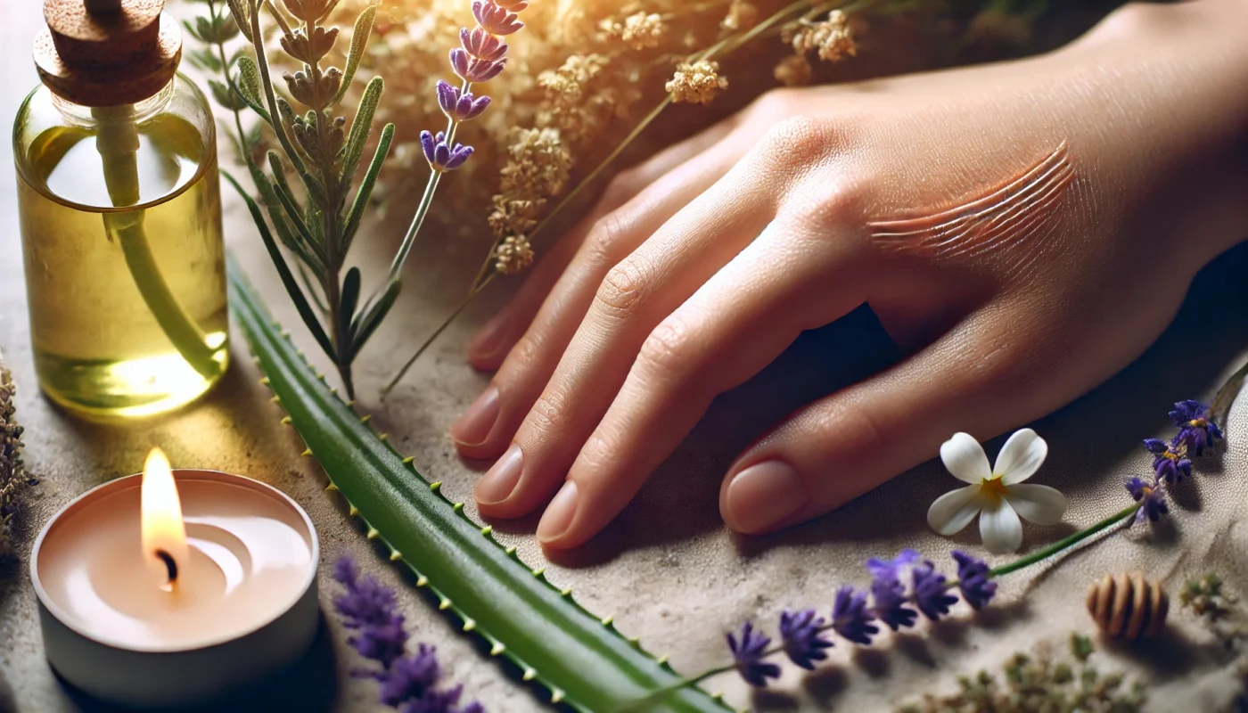 A detailed close-up of healthy skin with a subtle scar fading over time, surrounded by natural elements like aloe vera and lavender. The soft lighting conveys healing and prevention of sunburn scarring.