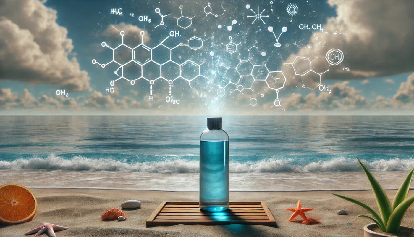 A bottle of sunscreen placed on a beach, with faint chemical symbols and molecular structures subtly floating in the air, emphasizing the potential hidden risks of sunscreen ingredients. The serene beach setting contrasts with the thought-provoking concept.