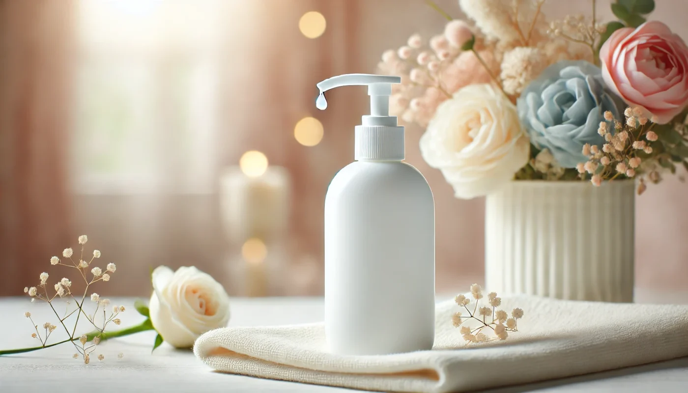 A smooth sunscreen bottle with a pump dispenser placed on a soft white towel, set against a pastel background with natural light, emphasizing gentle tear-free sunscreen for the face.