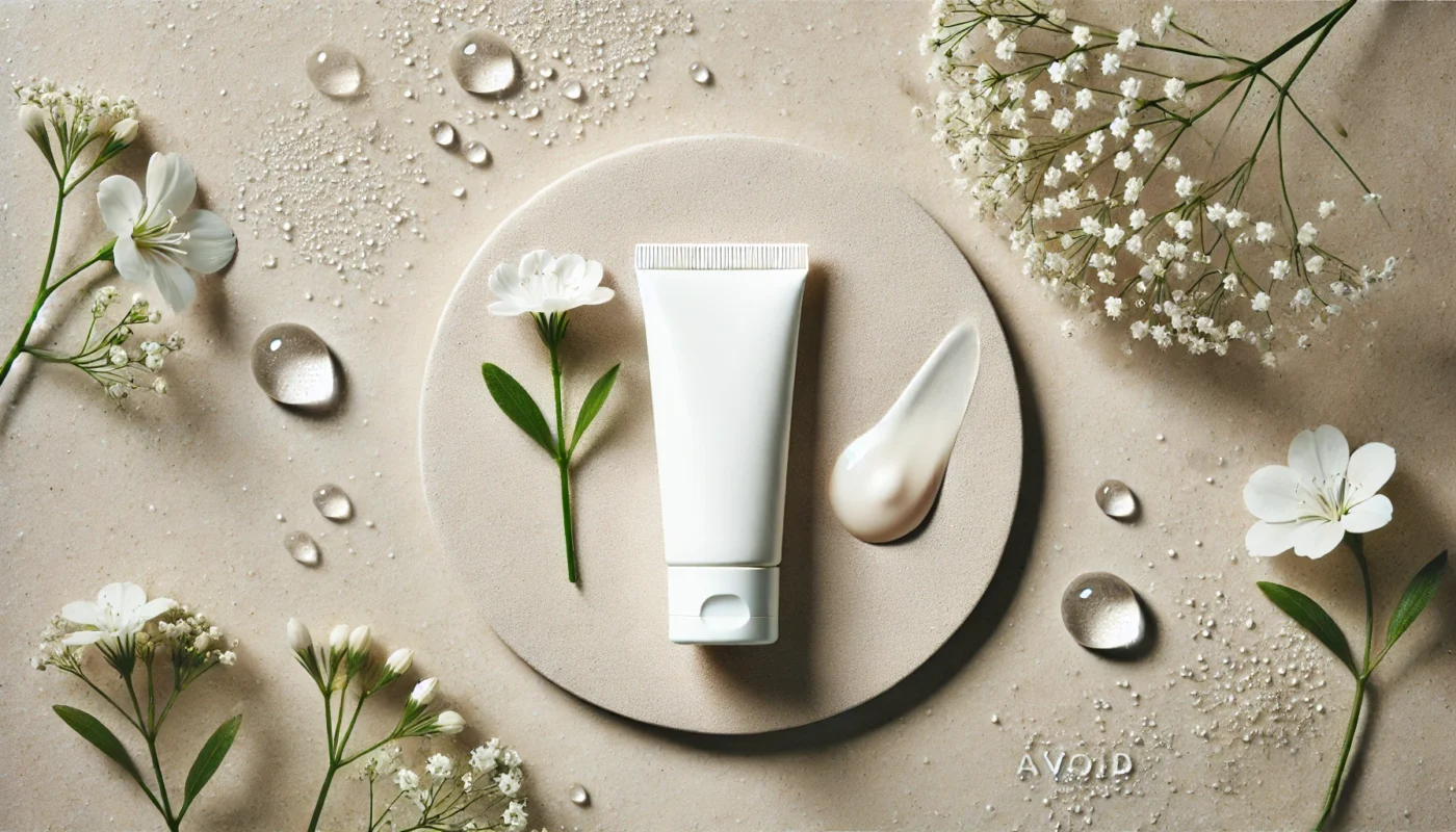 A minimalist scene showing a sleek tube of sunscreen surrounded by water droplets and small white flowers on a natural stone surface, symbolizing purity and safety in facial care.