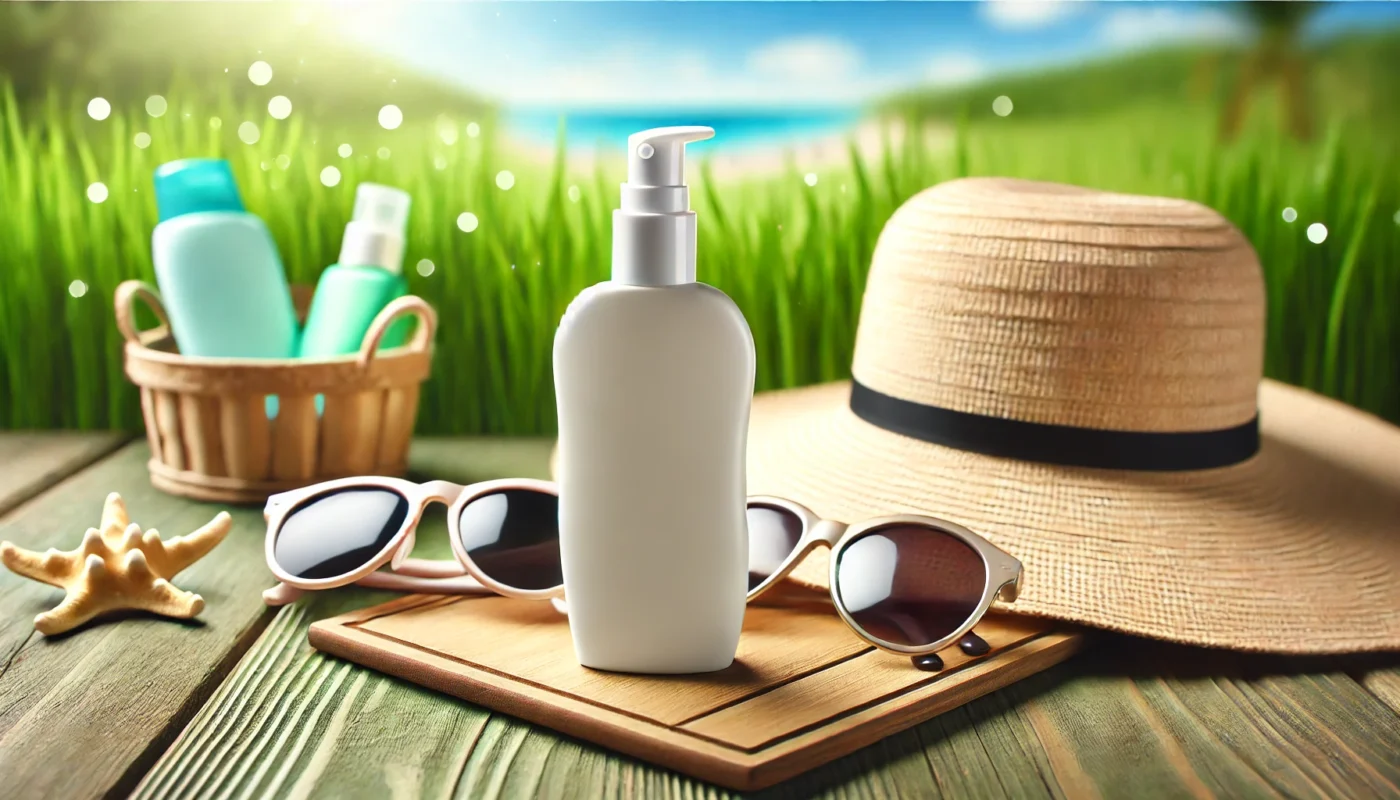 An outdoor setting featuring a sunscreen bottle with a flip-top cap on a wooden table, accompanied by a sunhat and sunglasses, with a sunny background of green grass and blue sky.