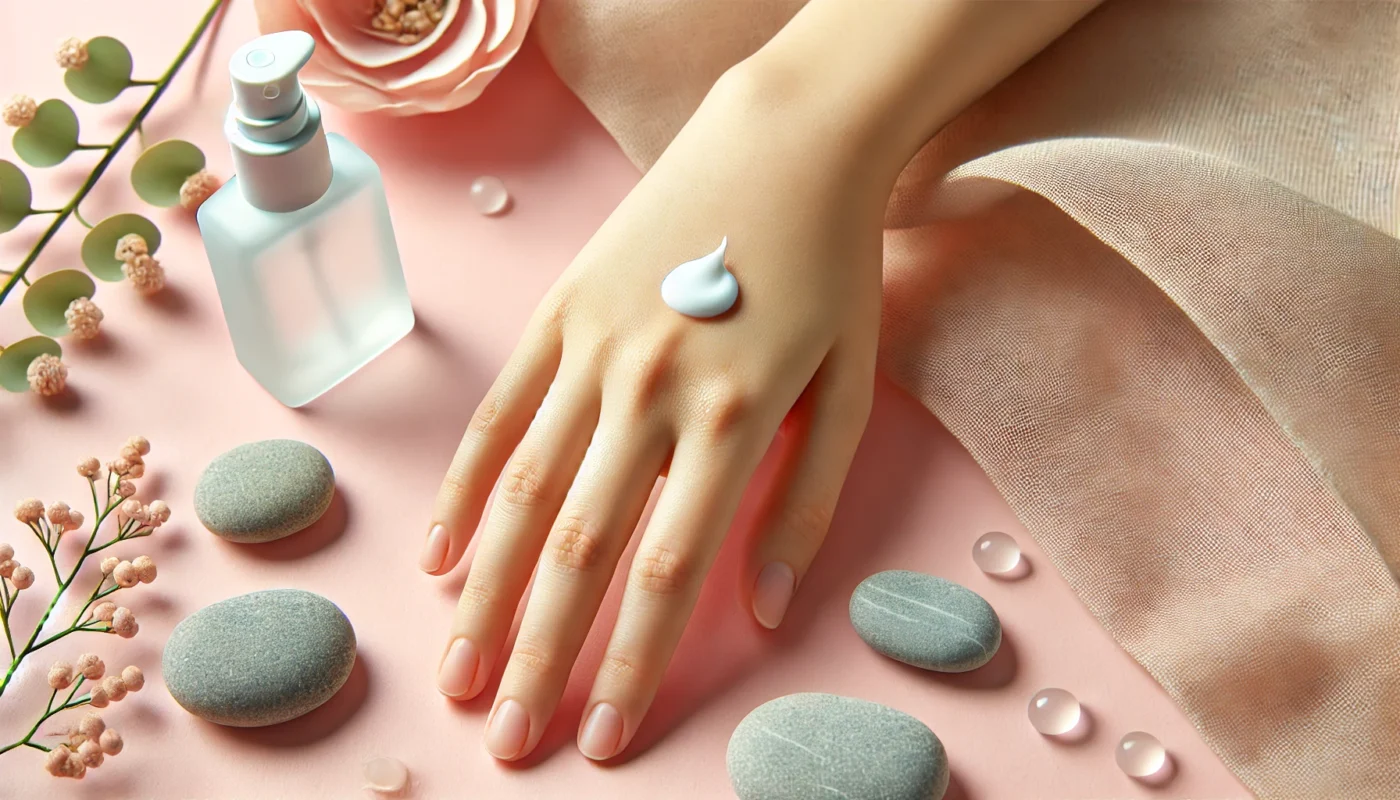 A close-up of clear sunscreen lotion applied on the back of a hand, surrounded by soft pastel backgrounds and smooth pebbles, showcasing the tear-free texture for facial application.