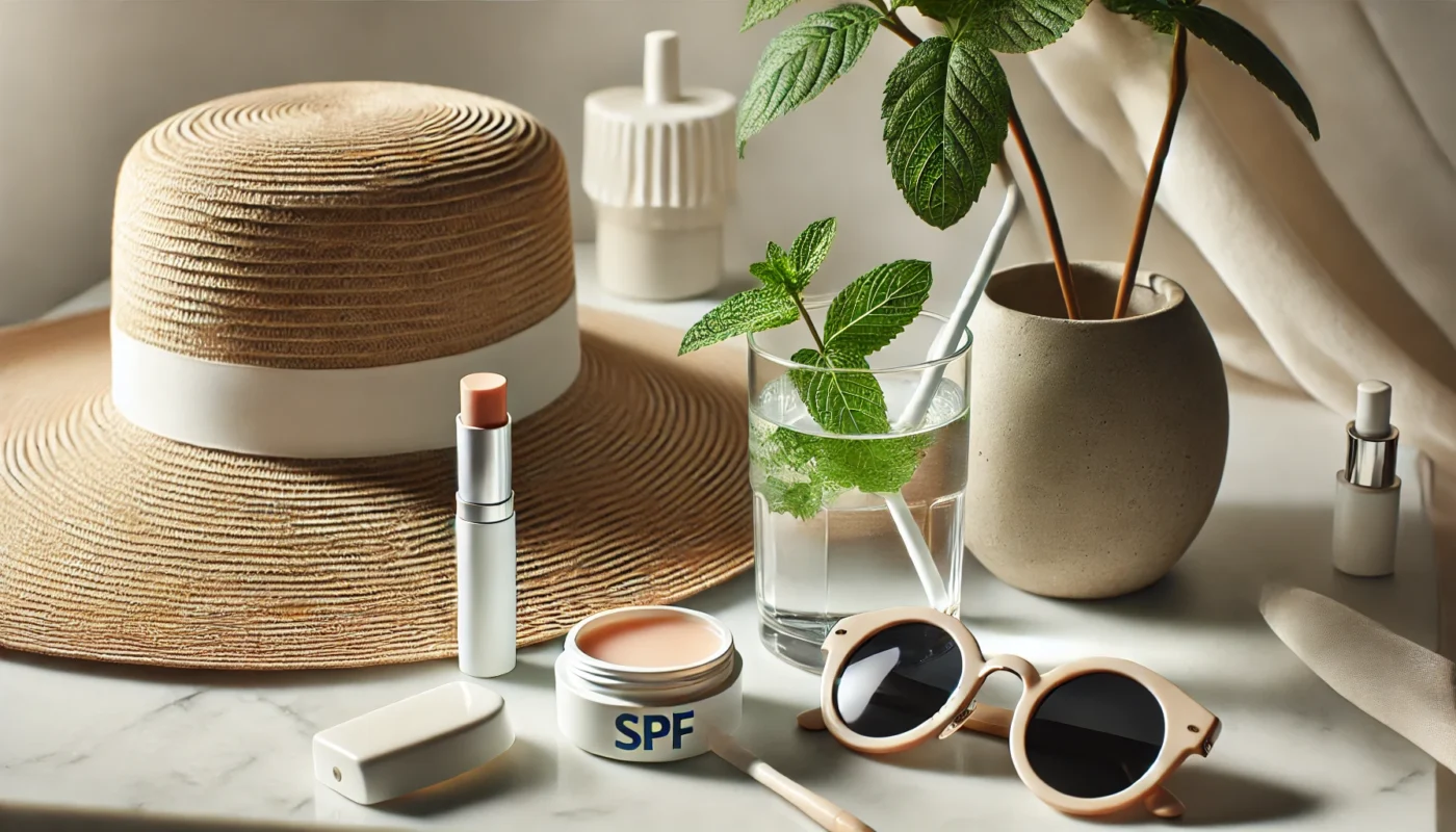 A minimalistic vanity scene with a tube of SPF lip balm, a stylish sun hat, sunglasses, and a glass of water with mint leaves, arranged on a marble countertop with soft natural lighting, emphasizing a modern approach to lip blister prevention.