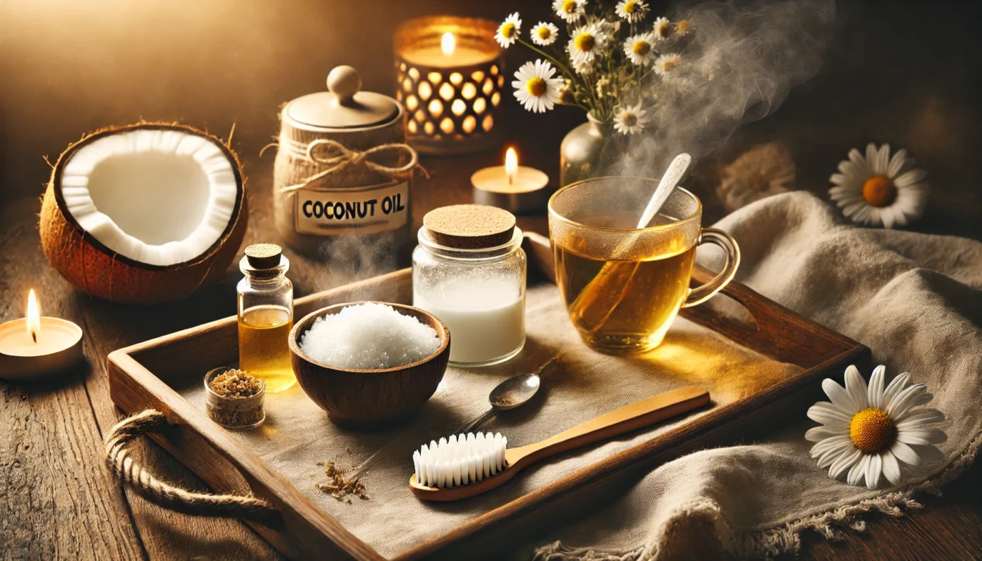 A cozy indoor setting with a tray holding coconut oil, a spoonful of sugar for lip exfoliation, a steaming cup of chamomile tea, and a gentle lip scrub brush on soft linen, with warm lighting creating a nurturing and soothing environment for lip care.