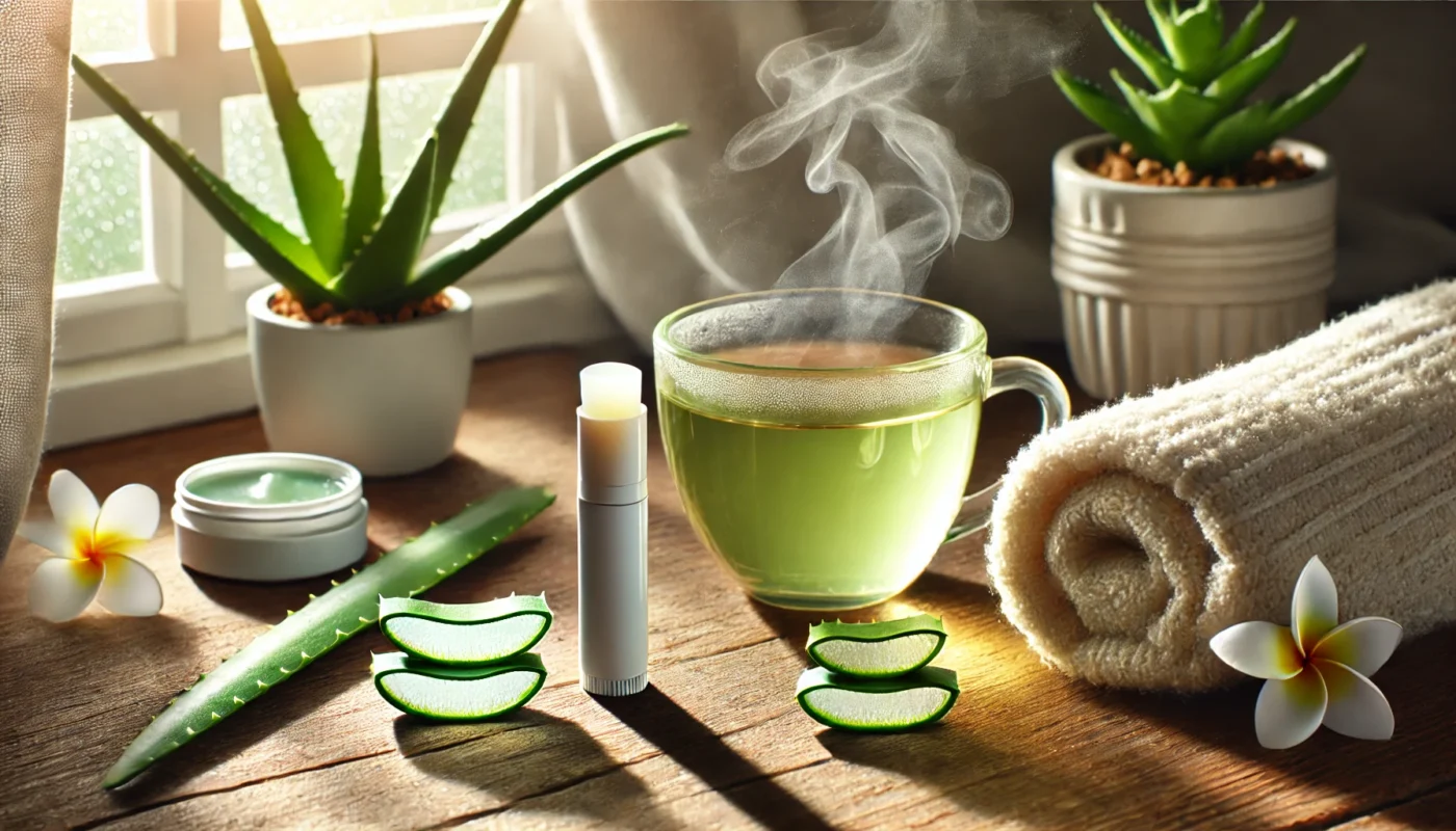 A tranquil morning routine scene with a natural lip balm tube, a steaming cup of green tea, fresh aloe vera slices, and a soft microfiber towel, bathed in sunlight on a wooden surface, creating a peaceful and protective atmosphere for lip care.