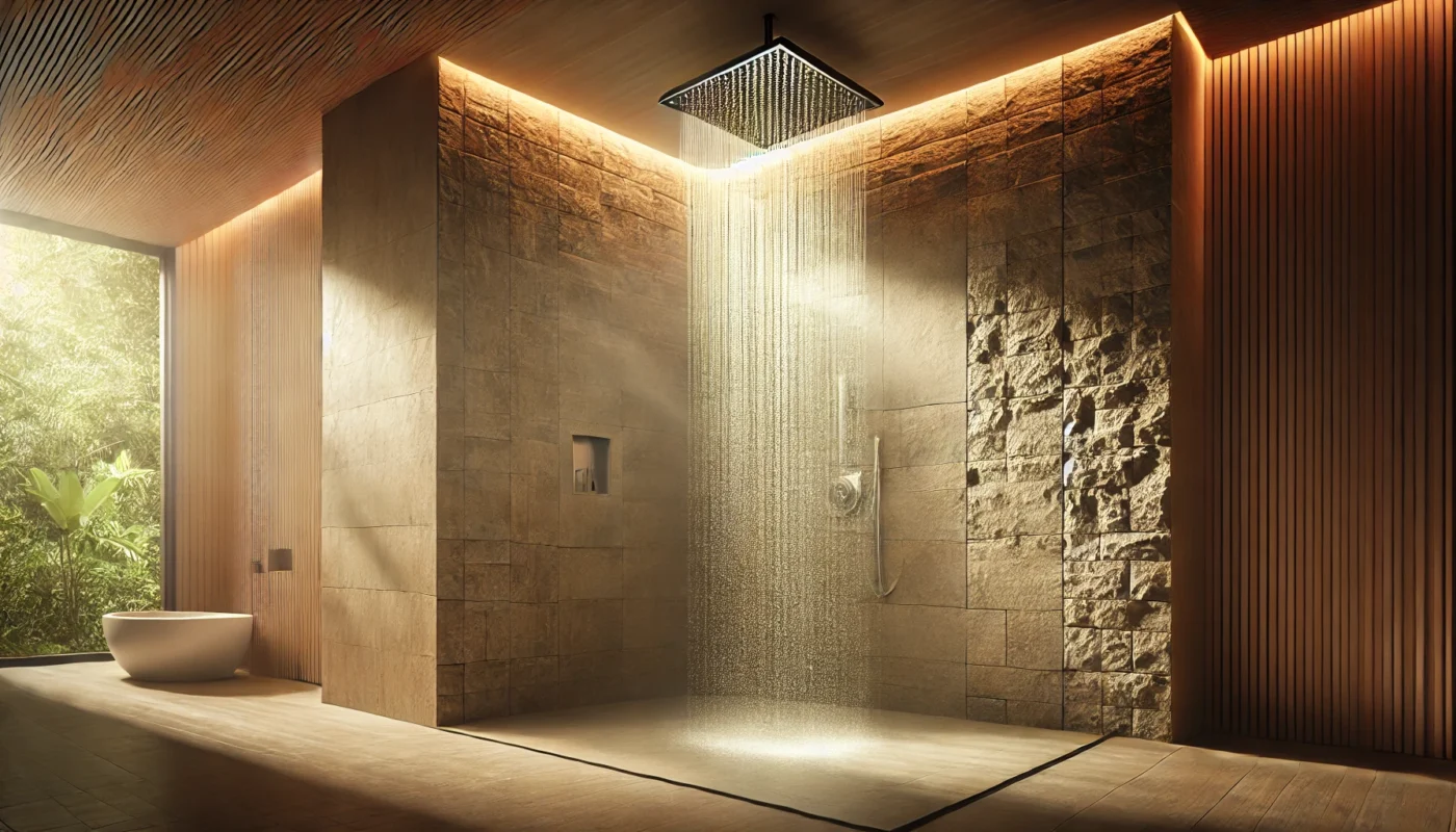 A modern bathroom with a rainfall shower gently cascading warm water over a stone-textured wall. Steam rises in the softly lit environment, creating a calm and soothing ambiance ideal for sunburn relief.