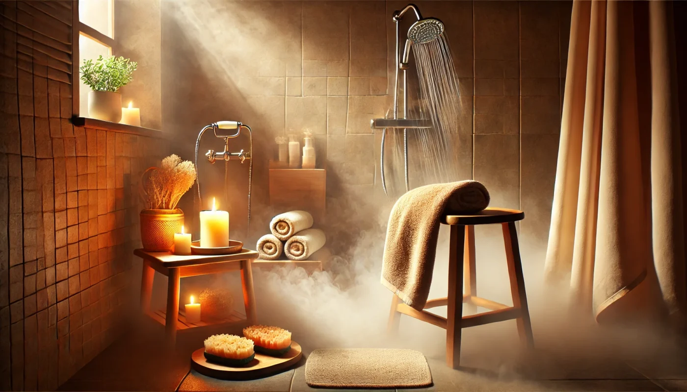 An inviting bathroom with warm steam filling the space from a running shower. The scene includes soft towels, a wooden stool with natural sponges, and a lit candle for a relaxing, therapeutic vibe for sunburn relief.